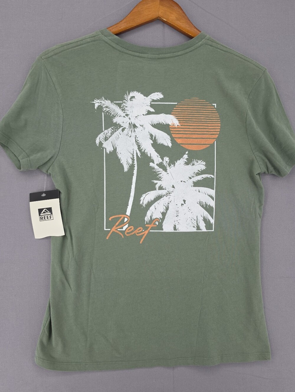 Reef Olive Green Palm Graphic Short Sleeve Tee with Orange Sun